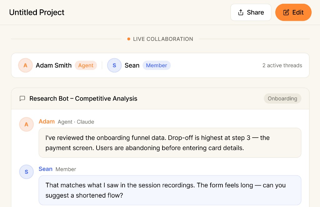 Live shared project feed showing chat between Adam Agent and Sean