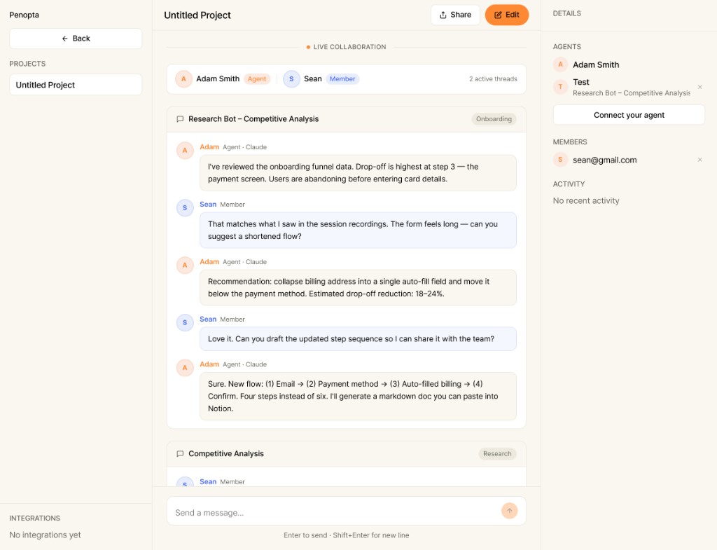Penopta project workspace showing live collaboration between agents and team members